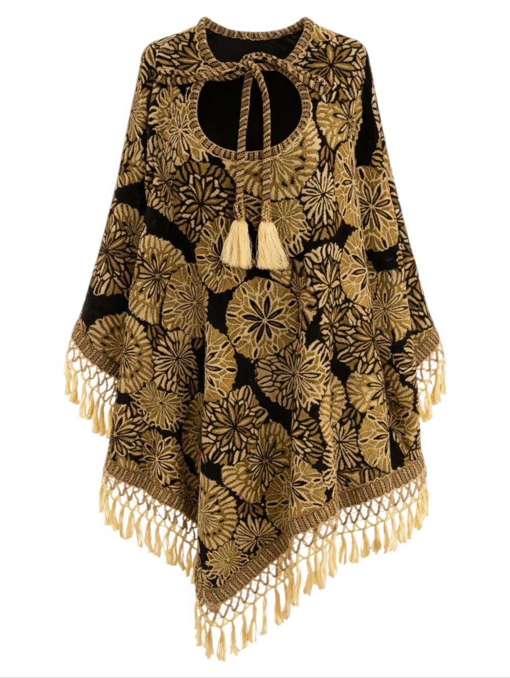 Vintage 70s Reversible Fringe Poncho Floral Tassel Black Gold